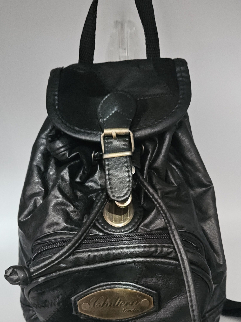 Vintage Chiltern London Mini Backpack Black Leather Tuck Lock Y2K